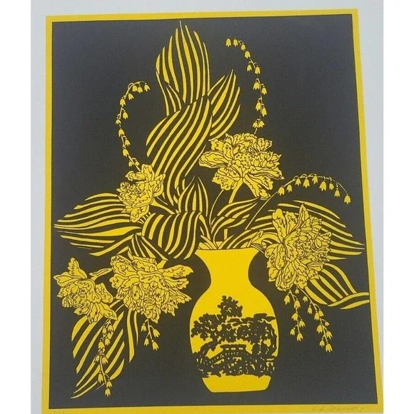 C.S. Shawver Beautiful Yellow Floral Black Background Art Lithograph Print 7/90